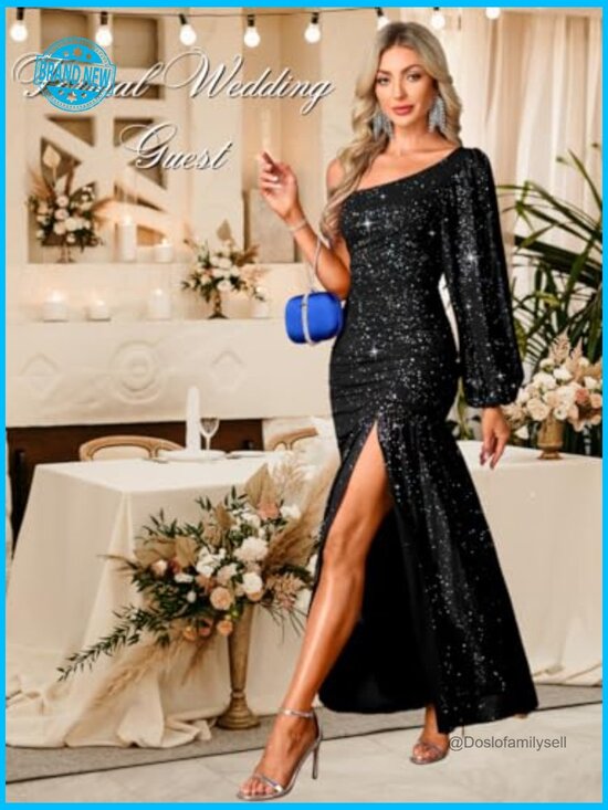 Sparkly Sequin Prom Dress One Shoulder Ruched High Slit Formal Evening Gown - Picture 5 of 7